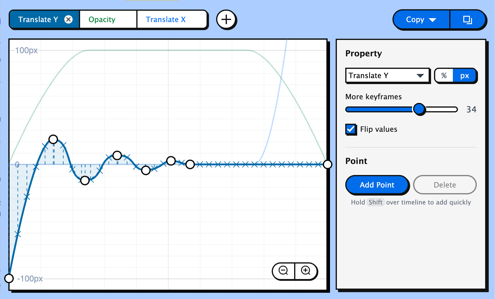 Keyframe Click web app adding a point to timeline